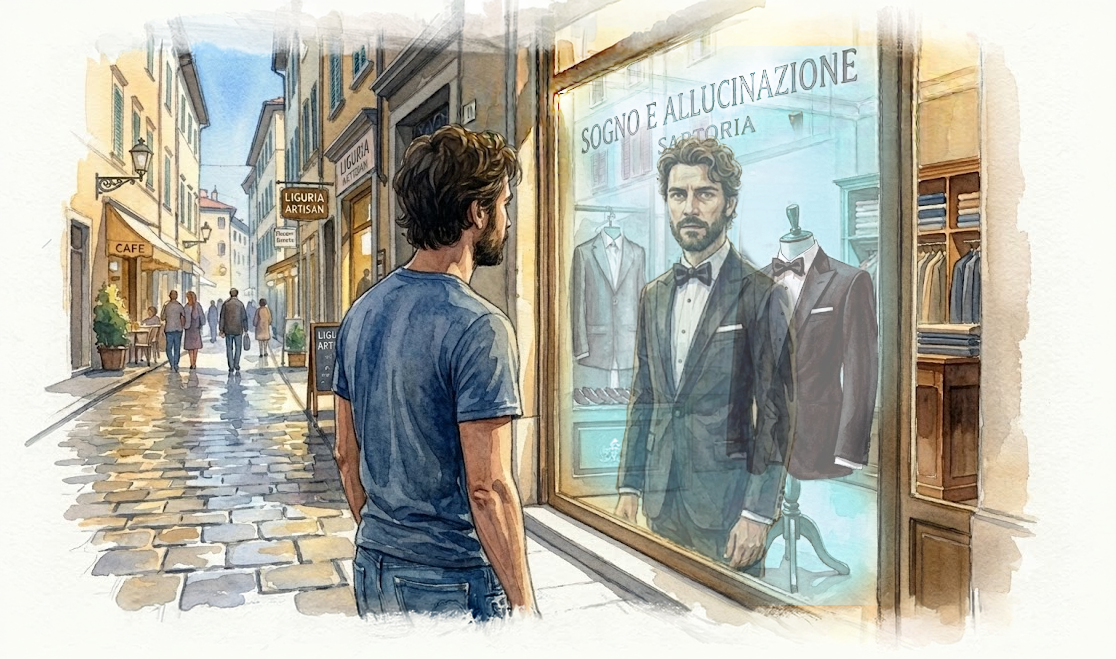 Reflections: l'uomo nello specchio si vede con un abito da sera — come nel sogno, il percorso è insolito ma l'oggetto è reale